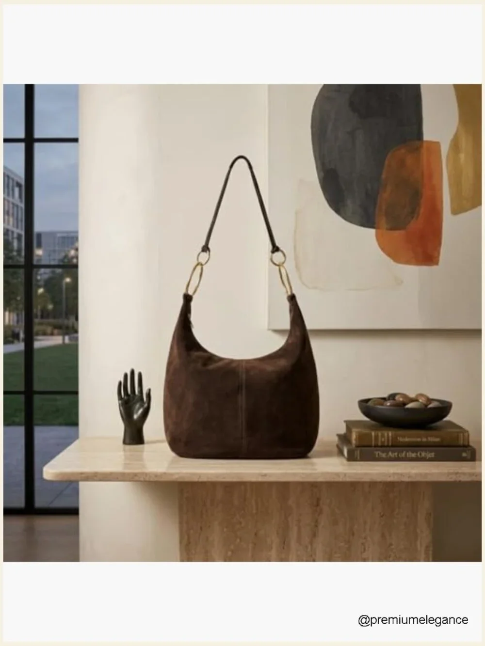 Italian Suede Hobo Bag with Zippered Closure Ring Hardware Large Shoulder